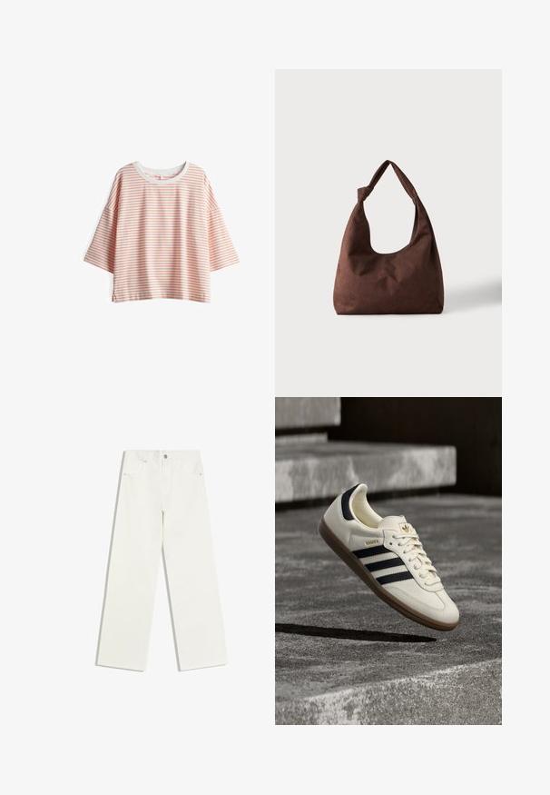 Gestreepte top met korte mouwen, gemaakt van lichtgewicht stof. Heeft crèmekleurige en lichtoranje strepen, een ronde halslijn en zijsplitten.; Witte jeans met hoge taille en rechte pijpen, met voorzakken en een knoopsluiting op een witte achtergrond.; Witte Adidas Samba sneaker met zwarte strepen en gumzool, zwevend boven gestructureerde grijze betonnen treden.; Bruine gestructureerde stoffen handtas met een enkele handgreep die in een knoop is gebonden, weergegeven tegen een effen lichte achtergrond.