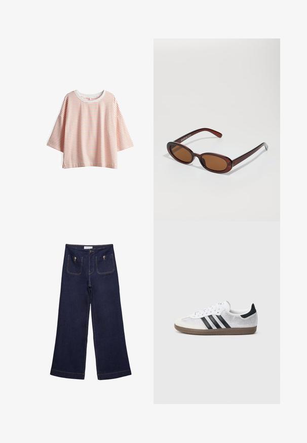 Gestreiftes Kurzarmoberteil aus leichtem Stoff. Mit cremefarbenen und hellorangen Streifen, rundem Halsausschnitt und seitlichen Schlitzen.; Dunkelblaue Jeans mit weitem Bein und hoher Taille, vordere aufgesetzte Taschen mit Metallknöpfen und sichtbaren Nähten.; Weißer Mesh-Sneaker mit schwarzen Streifen, beiger Wildleder-Kappe an der Spitze und am Absatz, strukturierter Gummisohle und weißen Schnürsenkeln. Klassisches Low-Top-Design.; Runde, braun getönte Sonnenbrillen mit einem glänzenden burgunderfarbenen Rahmen. Schlanke Bügel mit dezentem Branding. Flaches Linsendesign.