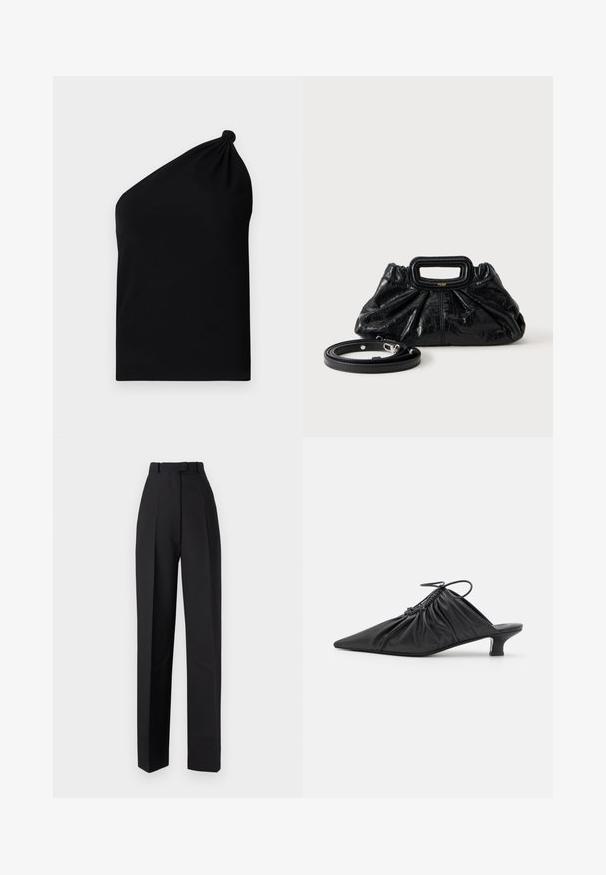 Haut sans manches noir asymétrique en tissu lisse, avec un détail noué à l'épaule et une silhouette ajustée.; Pantalons taille haute noirs avec des plis, dotés d'un design ajusté et de jambes droites. Fabriqués dans un tissu lisse, avec un minimum de détails.; Mules noirs en cuir à enfiler avec un bout pointu, une texture froncée et un petit talon aiguille. Présente un détail à cordon au niveau de l'ouverture.; Petit sac à main en cuir noir avec texture froncée, poignée rectangulaire et fine bandoulière amovible placée à côté.