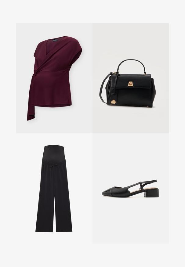 Haut de maternité violet foncé à manches courtes, encolure en V et design cache-cœur avec lien latéral.; Pantalons de maternité noirs avec une ceinture large et extensible, ornée d'un nœud. Fabriqués en tissu doux, ils présentent une coupe ample et des jambes larges.; Chaussure slingback en cuir noir avec un bout pointu, un petit talon carré, un design découpé et une texture lisse. Accentuée par un bout brillant.; Sac à main en cuir noir avec une poignée supérieure, fermeture à rabat avec fermoir doré, et bandoulière amovible sur fond blanc.
