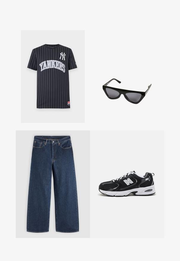T-shirt bleu marine à manches courtes avec fines rayures blanches, texte "YANKEES" et logo NY à l'avant, ainsi qu'une petite étiquette près de l'ourlet.; Jean en denim bleu foncé à jambes larges avec poches avant, fermeture à boutons et passants de ceinture, posé à plat sur un fond clair.; Baskets de sport noires et grises avec un tige en mesh et en suède, présentant une semelle intermédiaire blanche, des lacets et un logo "N" audacieux sur le côté.; Lunettes de soleil œil de chat noires avec montures épaisses et verres teintés foncés, présentées sur fond blanc.