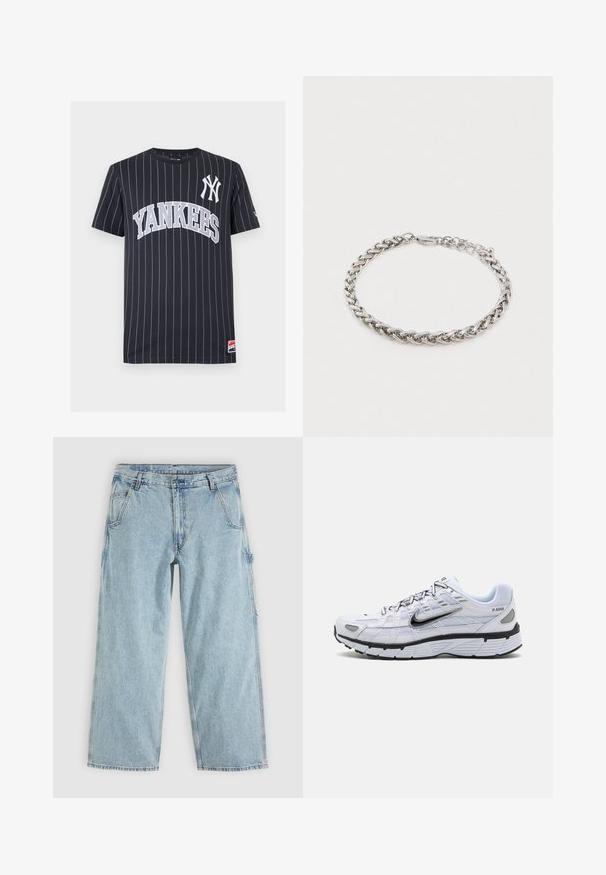T-shirt bleu marine à manches courtes avec fines rayures blanches, texte "YANKEES" et logo NY à l'avant, ainsi qu'une petite étiquette près de l'ourlet.; Jean denim droit bleu clair avec poches avant, passants de ceinture, fermeture par boutons et une boucle latérale pour outils.; Baskets de course blanches avec une tige en mesh, bout arrondi, accents noirs et semelle à motif. Comprend des lacets et une marque sur le côté.; Bracelet en chaîne torsadée en argent avec un fermoir mousqueton et des maillons ajustables sur un fond blanc uni.