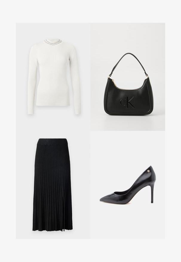 Pull blanc à manches longues côtelé avec un col montant, orné d'un col décoratif perlé et une silhouette ajustée. Texture douce.; Jupe midi plissée noire avec ceinture côtelée, présentant un tissu texturé, une fente latérale et des lignes verticales sur l'ensemble du design.; Escarpin en cuir noir à talon haut avec un bout pointu, présentant un design ajouré et un petit logo doré sur le talon.; Sac à main en cuir noir avec une forme courbée, doté d'une fermeture éclair dorée et d'un logo "cK" discret en relief. Texture lisse et une seule poignée.