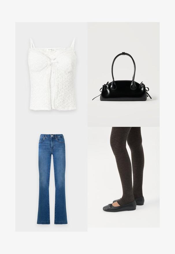Camisole courte en dentelle blanche avec fines bretelles, bonnets rembourrés, nœud à l'avant et motif floral texturé.; Jeans bleus évasés en denim, dotés d'un design classique à cinq poches, d'une fermeture à bouton sur le devant, et de zones légèrement décolorées au niveau des cuisses.; Jambes portant des leggings côtelés foncés associés à des ballerines noires avec de petits détails en nœud sur fond blanc.; Petit sac à main noir brillant avec deux longues anses et des détails à cordon sur les côtés sur un fond clair uni.