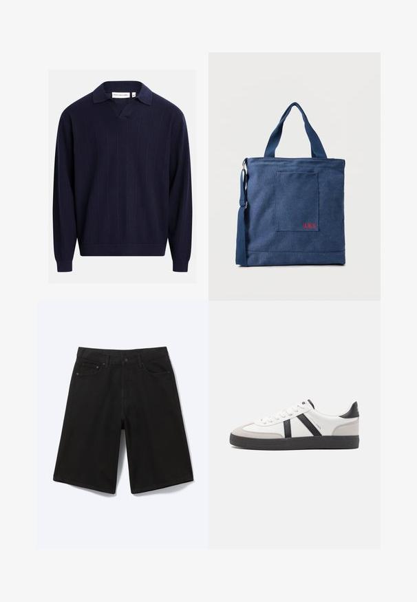 Pull en tricot bleu marine à manches longues avec des rayures verticales subtiles, des poignets et un ourlet côtelés, et une ouverture en V avec col.; Short en jean noir longueur genou avec bouton à l'avant, passants de ceinture et cinq poches, présenté sur fond blanc.; Baskets blanches avec des accents noirs et gris, présentant un embout texturé gris, une semelle en caoutchouc noir et des lacets plats blancs. Design épuré, style minimaliste.; Sac fourre-tout en toile bleue avec poche frontale et broderie rouge "O.N.S", doté de doubles poignées et d'une bandoulière réglable.