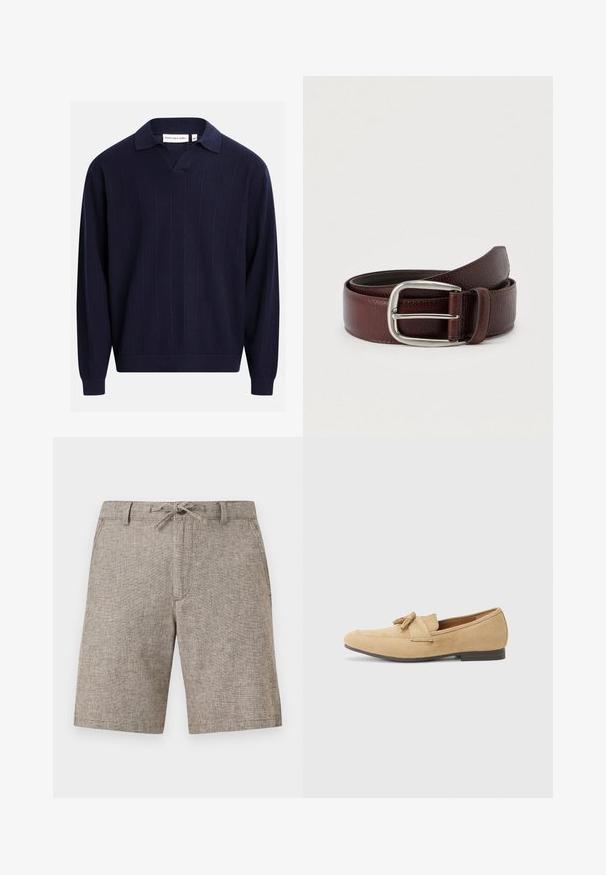 Pull en tricot bleu marine à manches longues avec des rayures verticales subtiles, des poignets et un ourlet côtelés, et une ouverture en V avec col.; Shorts texturés de couleur brun clair, longueur genou, avec passants de ceinture, cordon de serrage noué et poches latérales, présentés sur un fond uni.; Mocassins en suede beige avec un bout arrondi, accent en frange et détails cousus. Semelle brune, basse et plate. Design simple sans motifs.; Ceinture en cuir marron avec une finition texturée, dotée d'une boucle en métal argenté et d'une seule boucle de réglage. Motif tissé près de la boucle.
