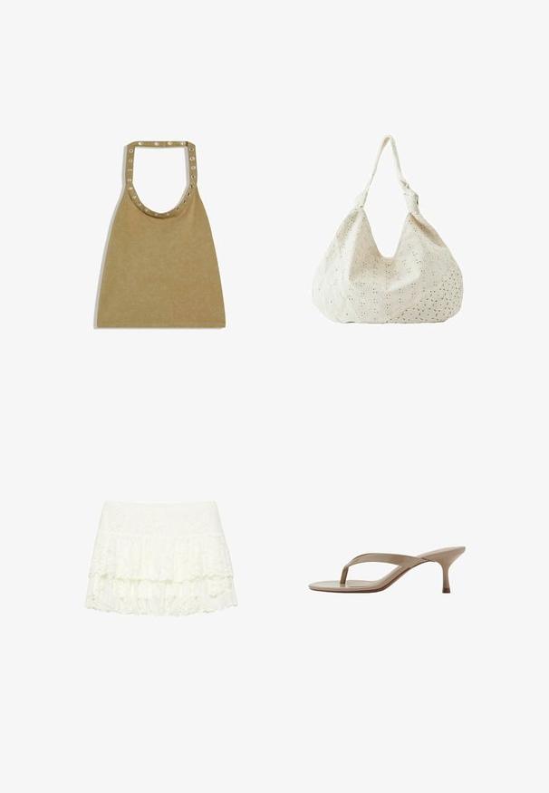 Haut sans manches style suédine beige avec œillets métalliques espacés uniformément autour de l'encolure et de la bretelle.; Mini-jupe blanche en dentelle avec des détails à volants superposés et des motifs floraux sur un fond uni.; Sandale beige en cuir verni avec un talon kitten pointu et une semelle fine, vue de côté sur fond blanc.; Sac à épaule en tissu couleur crème avec broderie florale à œillets et une seule bandoulière souple.