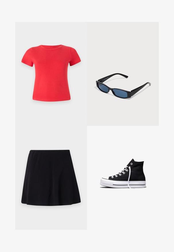 Rotes Baumwoll-T-Shirt mit kurzen Ärmeln, rundem Ausschnitt und glatter Textur, mit einer taillierten Form und ohne sichtbare Muster oder Details.; Schwarzer Rock, knielang, aus leichtem Stoff mit subtiler Textur, hat ein ausgestelltes Design und einen elastischen Bund.; Schwarzer High-Top-Canvas-Sneaker mit weißer Gummisohle und weißen Schnürsenkeln, seitlich dargestellt vor weißem Hintergrund.; Schwarze Sonnenbrille mit einem eleganten rechteckigen Rahmen und blauen Gläsern. Besitzt eine glatte Oberfläche und robuste Scharniere. Markenlogo an der Seite.
