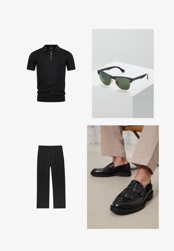 Polo shirt en maille noire à manches courtes avec des rayures verticales texturées et une fermeture éclair demi-zip avec une languette ronde au col.; Pantalons noirs au design droit, fabriqués à partir d'un tissu lisse. Dotés de plis sur le devant et d'une fermeture à un bouton à la taille.; Mocassins en cuir noir avec une finition lisse, ornés d'une sangle décorative et de coutures contrastées, associés à un pantalon beige.; Lunettes de soleil Ray-Ban avec des verres verts, monture en plastique noir et accents dorés sur les bords. Forme carrée avec une finition mate.