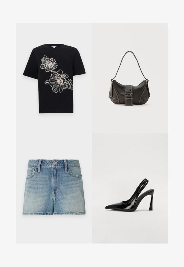 T-shirt noir à manches courtes avec contour brodé beige de deux grandes fleurs et feuilles sur le devant.; Shorts en denim bleu clair avec bouton à l'avant, fermeture éclair, passants de ceinture et poches avant, posés à plat sur un fond blanc.; Escarpin en cuir verni noir à talon aiguille, à bout pointu, avec une sangle élastique double pour un maintien sécurisé. Surface lisse et brillante.; Sac à épaule en cuir noir avec une sangle à boucle, des bords arrondis et des coutures blanches contrastées sur un fond uni.