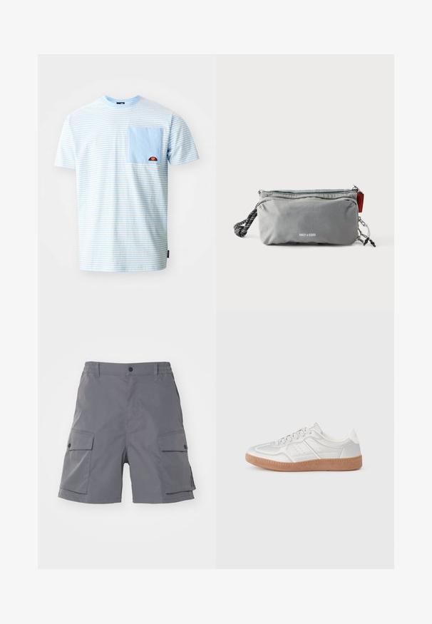 Ellesse HIRST TEE - Printtipaita - light blue; Carhartt WIP BALTO - Shortsit - graphite; Hopeasuudet hopeanväriset, sileäpintaiset, nauhakiinnityksellä, reikäkohdistuksilla ja kuvioidulla ruskealla kumipohjalla.; Harmaa suorakulmainen pussi vetoketjuilla, mustavalkoinen köysikahva toisella sivulla ja teksti "ONLY & SONS" edessä keskellä.