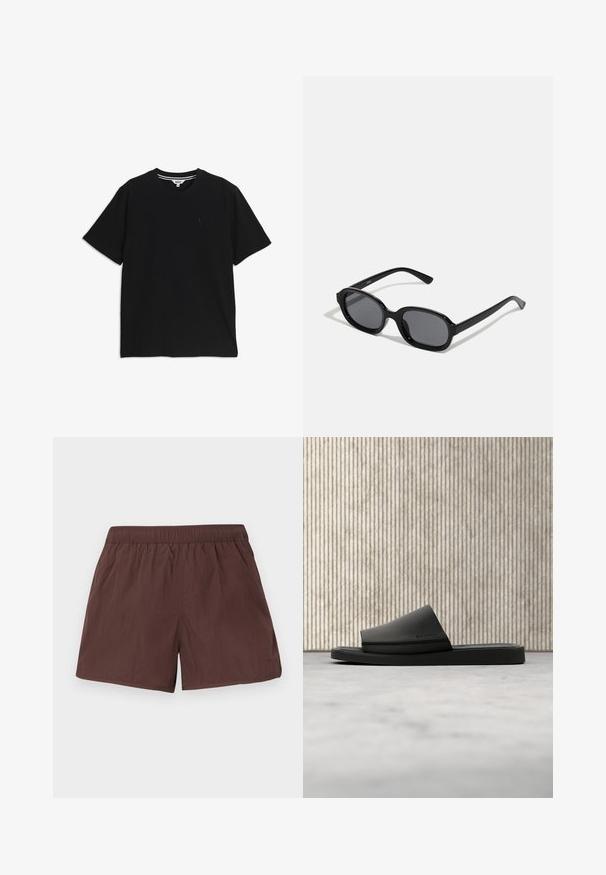 T-shirt noir à manches courtes et col rond, avec un petit logo brodé sur le côté gauche de la poitrine et une étiquette intérieure rayée au niveau du col.; Short marron à taille élastique avec une texture simple et lisse et des poches latérales, présenté à plat sur un fond clair.; Sandale slide noire Calvin Klein reposant sur un tapis beige à côté d'une table ronde de couleur ambre, avec un mur en panneaux de bois en arrière-plan.; Zign by Zalando Lunettes de soleil - black