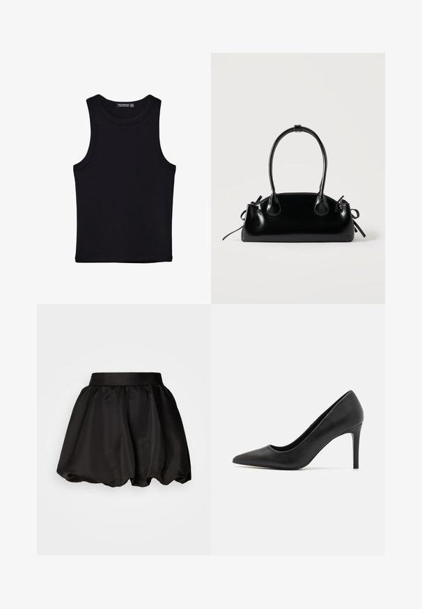 Débardeur noir en coton, avec un col rond et des emmanchures larges. Texture lisse avec des ourlets cousus. Design classique et minimaliste.; Jupe en satin noir avec une large ceinture, présentant une forme bulle volumineuse. Texture lisse sans motifs ni détails en métal visibles.; Escarpin noir à talon aigu, en cuir lisse, présentant un design élégant et un talon cylindrique fin.; Petit sac à main noir brillant avec deux longues anses et des détails à cordon sur les côtés sur un fond clair uni.