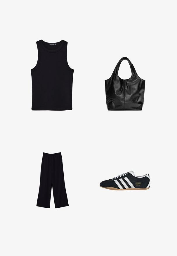 Débardeur noir en coton, avec un col rond et des emmanchures larges. Texture lisse avec des ourlets cousus. Design classique et minimaliste.; Pantalons larges noirs avec taille élastique et cordon de serrage. Tissu lisse avec une coupe décontractée et sans motifs ni éléments métalliques visibles.; Sneakers en suede noir avec trois bandes blanches, logo doré et semelle en caoutchouc marron. Présente un design à lacets à profil bas.; Sac fourre-tout en cuir noir avec une texture lisse, un haut arrondi doux et de larges poignées. Présente une couture minimale et une silhouette décontractée.
