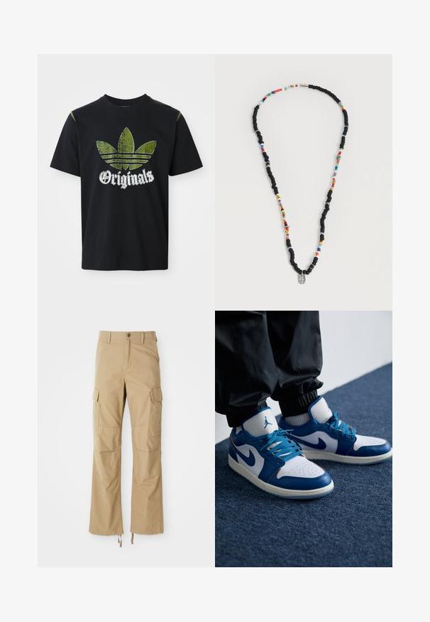 Mustat puuvillapaitat, jossa on kulunut vihreä grafiikka, jossa on kolme raitaa ja sanan "Originals" alla valkoisella, pyöreä pääntie, lyhyet hihat.; Kaki cargo-housut, jotka on valmistettu kestävästä kankaasta, joissa on useita sivutaskuja, suorat lahkeet ja säädettävät nyörit lahkeensuissa.; Nike Air Jordan tennarit ovat valkoiset nahkapohjaiset, joissa on siniset synteettiset yksityiskohdat, rei'itetty varvasosa ja siniset nauhat.; Kaulakoru jossa vuorottelevat mustat ja moniväriset helmet, pienillä hopeisilla renkailla ja suorakaiteen muotoisella kirkkaalla helmiripustimella.