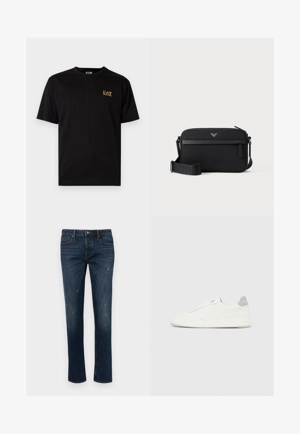Zwarte katoenen t-shirt met korte mouwen, met een klein geel geborduurd logo op de linker borst. Klassiek crewneck ontwerp.; Donkerblauwe slim-fit jeans met lichte vervaging en kleine witte verfdruppels, voorzien van vijf zakken en knoopsluiting.; Witte lage sneaker met grijze hielpatch, witte veters en een gestructureerde zool, gepresenteerd op een effen lichte achtergrond.; Zwarte rechthoekige crossbodytas met voorvak met rits, verstelbare schouderriem en klein metalen logo bovenaan in het midden.