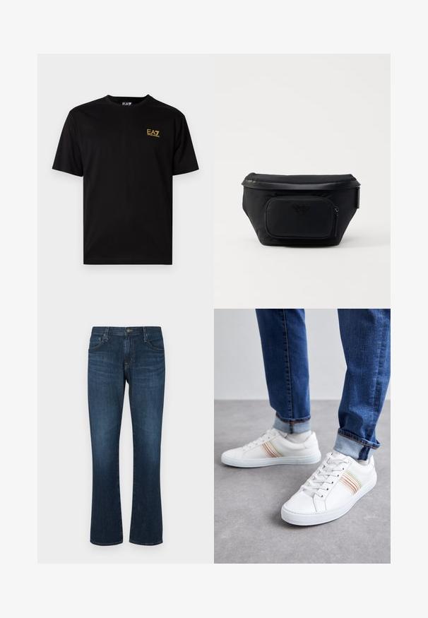 Zwarte katoenen t-shirt met korte mouwen, met een klein geel geborduurd logo op de linker borst. Klassiek crewneck ontwerp.; Donkerblauwe denim jeans met een rechte pijp, vijf zakken en een metalen knoopsluiting. Glad materiaal met subtiele vervaging.; Witte leren sneakers met meerkleurige strepen, vetersluiting, rubberen zool en gevoerd kraagje, gecombineerd met blauwe spijkerbroek.; Zwarte nylon tas met een voorzak van rits, met een gladde textuur en een logo-accent. Gestructureerd ontwerp met een omslag bovenkant.