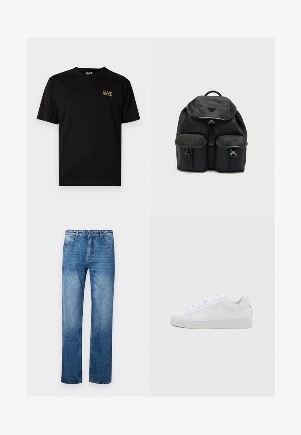 Schwarzes Baumwoll-T-Shirt mit kurzen Ärmeln, ausgestattet mit einem kleinen gelben gestickten Logo im linken Brustbereich. Klassisches Crew-Hals-Design.; Blaue Jeans aus Denim mit geradem Schnitt, ausgestattet mit fünf Taschen, Gürtelschlaufen und subtilen Ausbleichungen im Stoff.; Weiße Leder-Sneaker mit niedrigem Schnitt, runder Zehenpartie, flachen Schnürsenkeln, strukturierter Sohle und dezentem goldfarbenem Markenlogo an der Seite. Glatte Oberfläche und minimalistisches Design.; Schwarzer Stoffrucksack mit obere Klappe, zwei vorderen Steckverschluss-Taschen und einem Logo-Emblem auf der Klappe vor einem schlichten hellen Hintergrund.