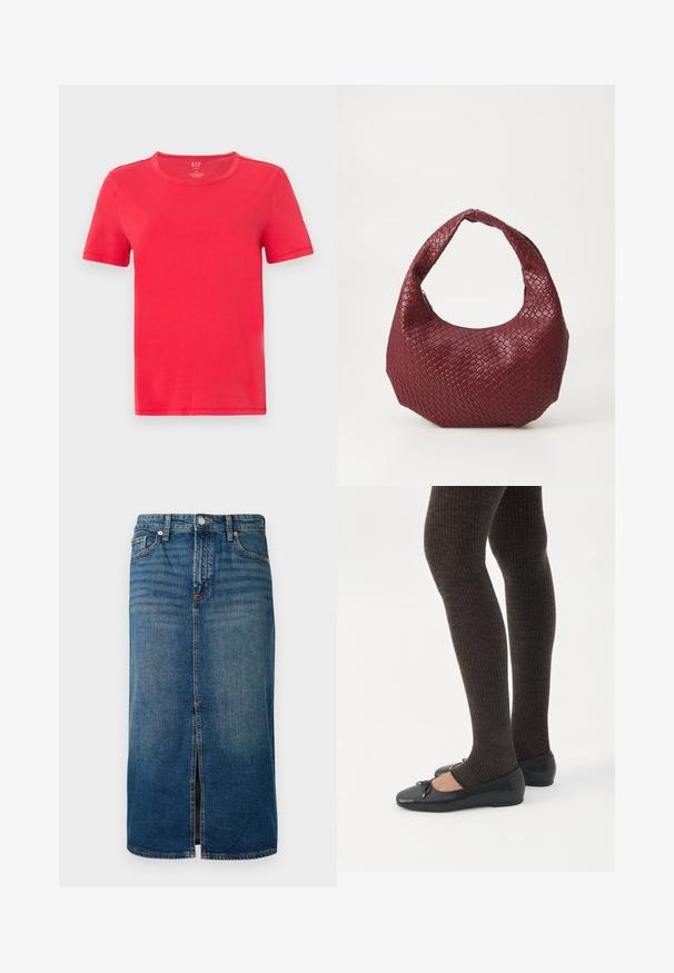T-shirt rouge à manches courtes en coton. Il présente un col rond classique et un design simple sans motifs ni accents.; Jupe midi en denim bleu foncé avec une fente à l'avant, cinq poches et des coutures contrastées. Elle dispose d'une fermeture par bouton et zip à la taille.; Jambes portant des leggings côtelés foncés associés à des ballerines noires avec de petits détails en nœud sur fond blanc.; Sac à main tissé bordeaux avec une silhouette arrondie, une seule poignée et une finition texturée. Fermeture zippée en haut.