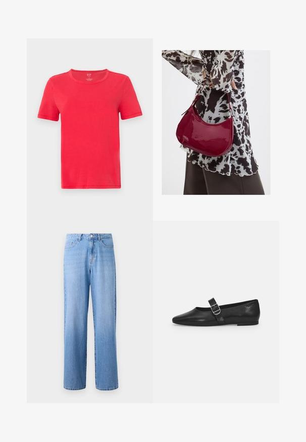 T-shirt rouge à manches courtes en coton. Il présente un col rond classique et un design simple sans motifs ni accents.; Jean en denim bleu clair à jambes larges avec une taille haute, cinq poches et une fermeture à bouton classique. Le tissu a une texture légèrement décolorée.; Chaussure plate en cuir noir avec un bout arrondi, une seule sangle réglable à boucle et une texture lisse et brillante. Design minimaliste avec un petit talon.; Femme portant un chemisier à motif noir et blanc tenant un sac à main rouge brillant sur un fond uni.