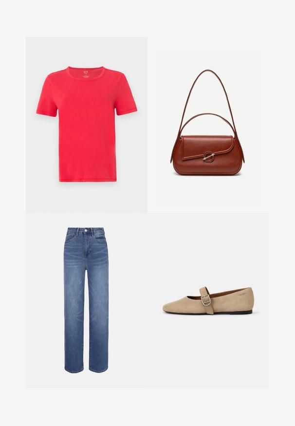 T-shirt rouge à manches courtes en coton. Il présente un col rond classique et un design simple sans motifs ni accents.; Jean en denim bleu clair à taille haute, coupe droite, style cinq poches, avec des détails de décoloration subtils sur l'ensemble du tissu.; Ballerines en daim beige de style Mary Jane avec un bout pointu et une seule sangle réglable dotée d'une boucle en métal argenté. Semelle plate noire.; Sac à bandoulière en cuir marron de forme rectangulaire arrondie, rabat asymétrique, fermoir circulaire argenté et deux fines bretelles.