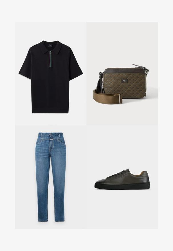 Schwarzes kurzärmliges Polohemd mit einem Reißverschlusskragen, der mit einem mehrfarbigen Streifen versehen ist. Hergestellt aus einem glatten Stoff mit einer taillierten Passform.; Blaue hochgeschnittene geradlinige Jeans mit vorderen Taschen, Gürtelschlaufen, Knopfverschluss und dezenten Ausbleichungen.; Niedriger dunkelgrauer Ledersneaker mit schwarzen Schnürsenkeln und Sohle, minimalistisches Design, Seitenprofil vor einem schlichten hellen Hintergrund.; Kleine rechteckige braune Umhängetasche mit gemusterter Textur, Frontlogo-Patch, Reißverschluss und breitem verstellbarem Riemen.