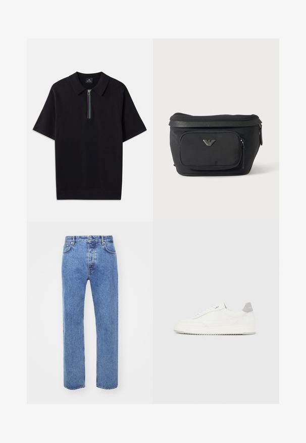 Schwarzes kurzärmliges Polohemd mit einem Reißverschlusskragen, der mit einem mehrfarbigen Streifen versehen ist. Hergestellt aus einem glatten Stoff mit einer taillierten Passform.; Won Hundred STEVE - Jeans Relaxed Fit - cut blue; Weißer Sneaker mit niedrigem Schaft, grauem Fersenlaschen, weißen Schnürsenkeln und einer strukturierten Sohle, dargestellt vor einem schlichten hellen Hintergrund.; Schwarze Bauchtasche mit Frontreißverschlusstasche und silbernem Adlerlogo, glattes Gewebe mit strukturiertem Besatz und Reißverschlussanhängern.