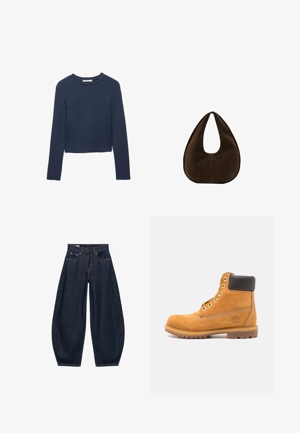 Donkerblauw langemouwen cropped shirt met ronde hals, plat weergegeven op een witte achtergrond.; Donkerblauwe denim jeans met wijde pijpen, voorzakken, riemlussen en een knoopsluiting in de taille.; Bruine leren enkelboot met zwarte voering, gouden oogjes en een gestructureerde zool. Kenmerkt zich door een cirkelvormig logo aan de zijkant en stikselaccenten.; Donkerbruine suède handtas in halve maanvorm met een enkele brede riem en een gladde textuur op een witte achtergrond.