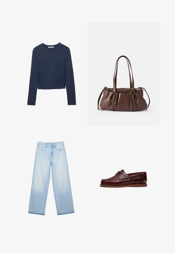 Mørkeblå langærmet cropped skjorte med rund hals, præsenteret fladt på en hvid baggrund.; Lyseblå vidde jeans med frontknap, lynlås og fem-lomme-design, lagt fladt på en hvid baggrund.; Brun læder bådsko med snørre, syningsdetaljer og Timberland-logo på siden, vist på en hvid baggrund.; Brun læderhåndtaske med to lange håndtag, samlet design, aksenter i guldtonet metal og en tekstureret overflade.