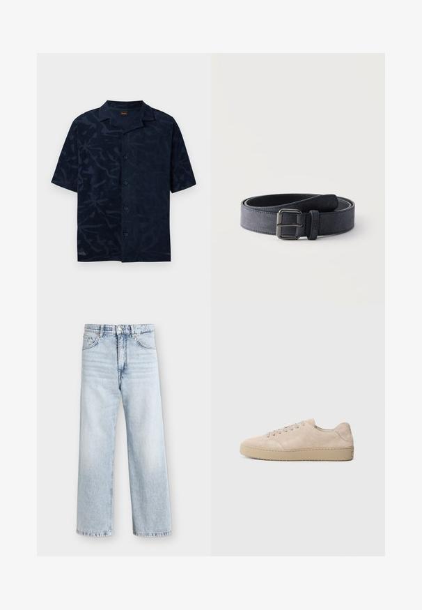 Chemise bleu marine à manches courtes avec un discret motif de feuilles ton sur ton et un col camp, posée à plat sur un fond clair.; Jean bleu clair taille haute jambes larges avec bouton et fermeture éclair à l’avant, deux poches avant et passants de ceinture.; Baskets en daim beige avec un bout rond, des lacets plats et une semelle en caoutchouc texturé. Design minimaliste avec des bords lisses et des coutures discrètes.; Ceinture en daim bleu foncé roulée, avec une boucle métallique rectangulaire et des bords cousus sur un fond clair uni.