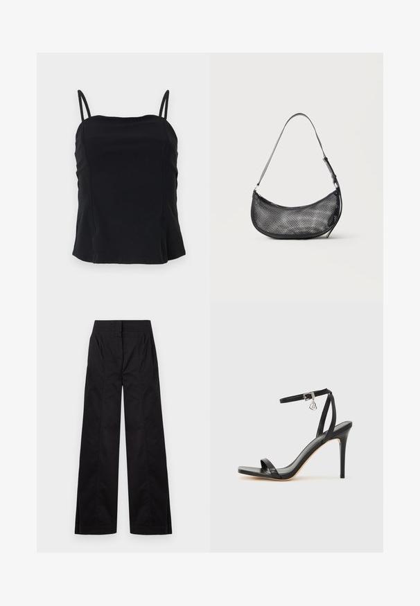 Top noir sans manches avec fines bretelles doubles et encolure carrée, tissu uni, présenté sur un fond clair.; Pantalon noir taille haute à jambes larges avec des détails de coutures frontales et des poches latérales, présenté sur un fond clair uni.; Sandale à talon haut noire avec une bride étroite à la cheville, bout carré, cuir lisse et accent de boucle métallique.; Petit sac d'épaule noir en mesh en forme de croissant avec une lanière fine réglable, sur un fond clair uni.