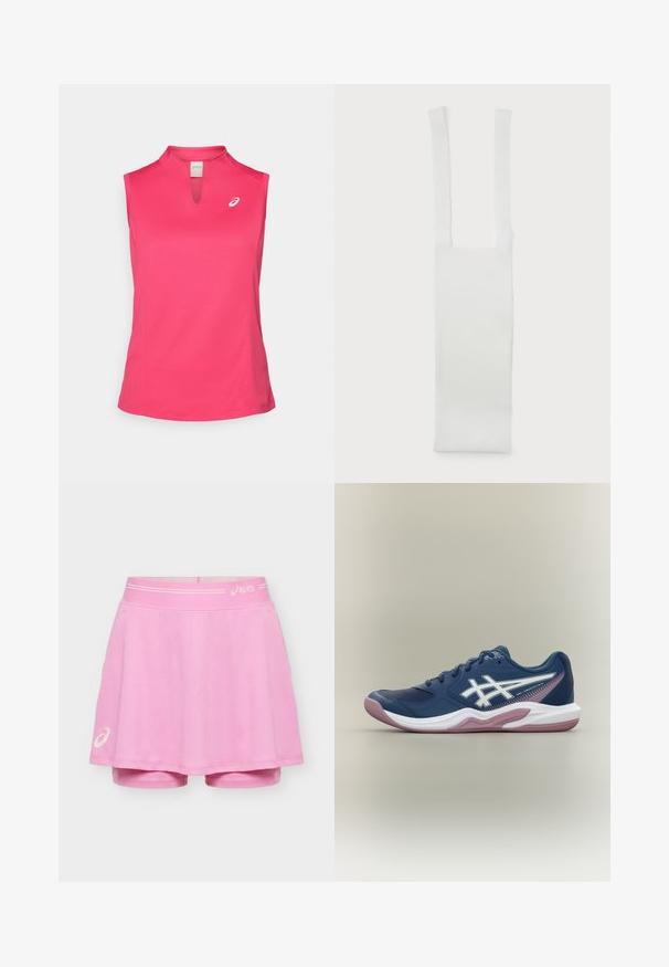 ASICS COURT TANK - Top - bright rose; Roze sportieve skort met ingebouwde short, met ASICS-logo's op de tailleband en linker zoom, afgebeeld op een effen achtergrond.; Marineblauwe sportschoen met witte en roze zool, wit logo aan de zijkant, vetersluiting en meshdetails op de neus en zijkanten.; Witte katoenen riem met twee langwerpige handgrepen, met een gladde textuur en een rechthoekig lichaam. Eenvoudig ontwerp, geen aanvullende patronen of versieringen.