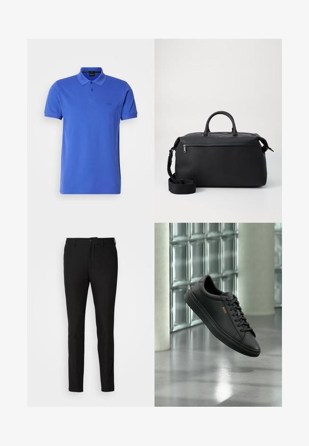 Polo azul de algodón, con cuello clásico, tapeta de dos botones y un sutil logo en el pecho. Mangas cortas y dobladillo recto.; Pantalones negros de corte ajustado, con cierre de botón, cremallera y dos bolsillos frontales. Tejido suave con un acabado mate.; Zapatilla baja de piel negra con cordones negros y logo dorado BOSS en el lateral, flotando sobre un suelo gris brillante en un espacio interior moderno.; Bolsa de viaje de cuero negro con dos asas superiores, una correa de hombro desmontable y un bolsillo frontal con cremallera para almacenamiento adicional.