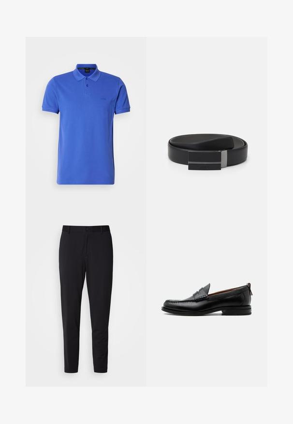 Blauses Poloshirt aus Baumwolle mit klassischem Kragen, zwei-Knopf-Leiste und dezentem Logo auf der Brust. Kurzärmlig und gerade geschnitten.; Schwarze Hose aus strukturiertem Stoff, mit geradem Schnitt, normalem Bund mit einem Knopf und seitlichen Taschen.; Schwarzer Leder-Herrenschuh mit Mokassinnaht, Penny-Riemen, strukturiertem Kragen und niedrigem gestapeltem Absatz auf weißem Hintergrund.; Schwarzer Ledergürtel mit glatter Oberfläche, ausgestattet mit einer rechteckigen Metallschnalle mit einfachem Design und einem strukturierten Streifen.