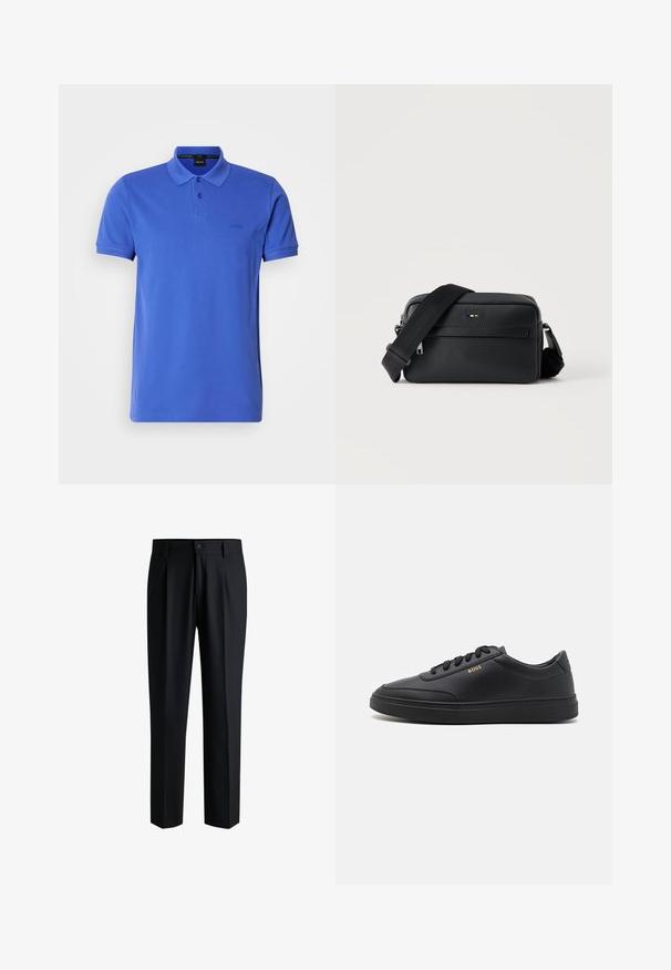 Blauses Poloshirt aus Baumwolle mit klassischem Kragen, zwei-Knopf-Leiste und dezentem Logo auf der Brust. Kurzärmlig und gerade geschnitten.; Schwarze Hose aus glattem Stoff, mit geradem Bein-Design, Falten vorne und einem Knopfverschluss mit Gürtelschlaufen.; Schwarze Leder-Sneaker mit glatter Textur, runder Zehenpartie, flacher Gummisohle und einfarbigen Schnürsenkeln. Mit goldfarbenem "BOSS" Logo an der Seite.; Schwarze, strukturierte Leder-Crossbody-Tasche mit vorderer Reißverschlusstasche und verstellbarem breitem Stoff-Schulterriemen auf weißem Hintergrund.