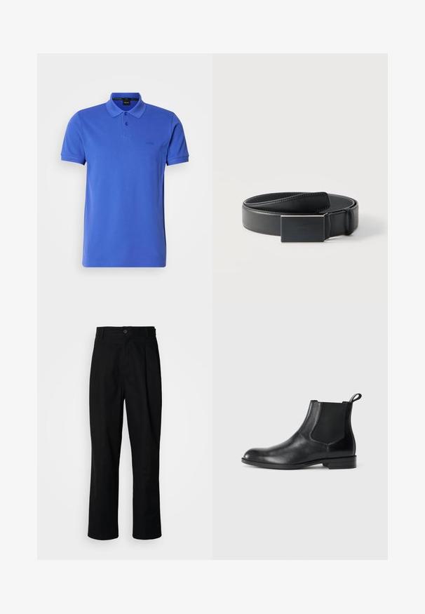 Blauses Poloshirt aus Baumwolle mit klassischem Kragen, zwei-Knopf-Leiste und dezentem Logo auf der Brust. Kurzärmlig und gerade geschnitten.; Schwarze gerade geschnittene Hosen mit einem Knopfverschluss, Gürtelschlaufen und Vorderfalten, vor einem schlichten weißen Hintergrund präsentiert.; Schwarze Leder-Stiefelette mit elastischen Seiteneinsätzen, abgerundeter Zehenpartie und einem Zugschlauf. Glatte Textur, flache Sohle, minimalistisches Design.; Schwarzer Ledergürtel, aufgerollt mit einer rechteckigen mattschwarzen Schnalle und dezent geprägt mit Logo auf weißem Hintergrund.