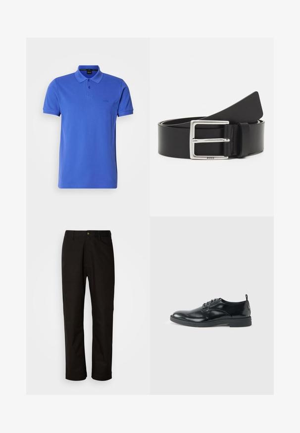 Blauses Poloshirt aus Baumwolle mit klassischem Kragen, zwei-Knopf-Leiste und dezentem Logo auf der Brust. Kurzärmlig und gerade geschnitten.; Schwarze Baumwollhosen mit geradem Schnitt, Gürtelschlaufen, einem Reißverschluss vorne und einem einzelnen Knopfverschluss. Glatte Textur ohne sichtbare Muster.; Glänzender schwarzer Lederschuh mit niedrigem Absatz, Schnürverschluss und runder Kappe, seitlich auf hellem, schlichten Hintergrund gezeigt.; Schwarzer Ledergürtel mit einer rechteckigen silbernen Schnalle, verfügt über dezente Markenkennzeichnung und eine glatte Textur. Die Enden laufen zu einer abgerundeten Form zu.