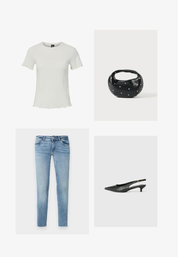 Hvid kortærmet top med ribbet struktur, rund halsudskæring og bølgede kantdetaljer, designet til en tætsiddende silhuet.; Lyseblå denimjeans med slank pasform, fem lommer, knaplukning og subtil falmning. Foret er let frynset.; Sorte spidse slingback-sko lavet af glat læder. Har en tynd hæl og en spænde detalje på den justerbare rem.; Sort læderhåndtaske med en rundet form, dekoreret med sølvnitter, og et kort håndtag. Glat tekstur og lynlåslukning.