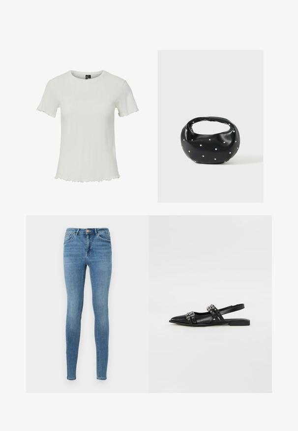 Haut blanc à manches courtes avec une texture côtelée, un col rond et des détails en ourlet festonné, conçu pour une silhouette ajustée.; Jean skinny taille haute bleu avec poches avant, passants pour ceinture, fermeture à boutons et légère décoloration sur les cuisses et les genoux.; Even&Odd by Zalando Ballerines à brides arrière - black; Sac à main en cuir noir de forme arrondie, décoré de clous argentés et équipé d'une poignée courte. Texture lisse et fermeture éclair.