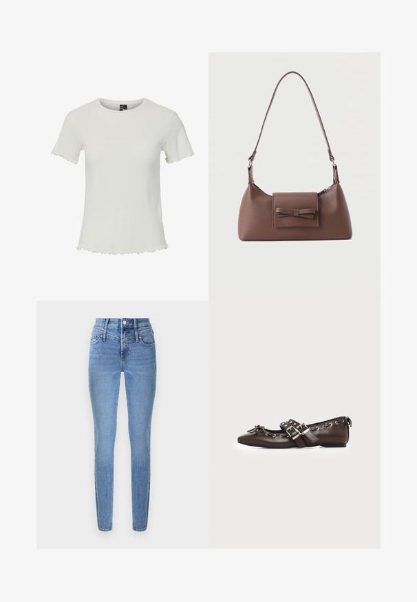 Witte top met korte mouwen en een geribbeld textuur, ronde halslijn en golvende zoomdetails, ontworpen voor een aansluitende pasvorm.; Skinny jeans van lichtblauwe denim met een hoge taille, twee voorzakken en een ritssluiting. Kenmerkt zich door een gladde textuur en subtiele vervaging.; Donkerbruine leren platte schoen met puntige neus, dubbele zilveren gespsluitingen, metalen klinknagels en een decoratief strikje aan de voorkant.; Bruine leren schoudertas met een voorvak met klep en een gestikte strikdetail en een verstelbare band.