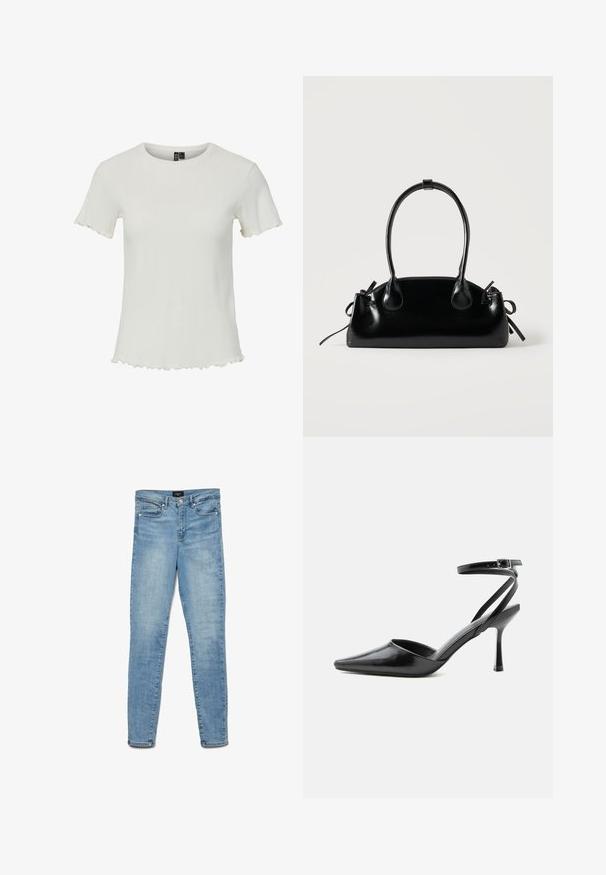 Witte top met korte mouwen en een geribbeld textuur, ronde halslijn en golvende zoomdetails, ontworpen voor een aansluitende pasvorm.; Lichtblauwe vervaagde skinny jeans met een knoopsluiting aan de voorkant en vijf zakken, plat gelegd op een witte achtergrond.; Zwarte pumps met puntige neus, dunne enkelbandjes en een zilveren gesp op een effen lichte achtergrond.; Kleine zwarte glanzende handtas met twee lange hengsels en zijkant trekkoord details op een effen lichte achtergrond.