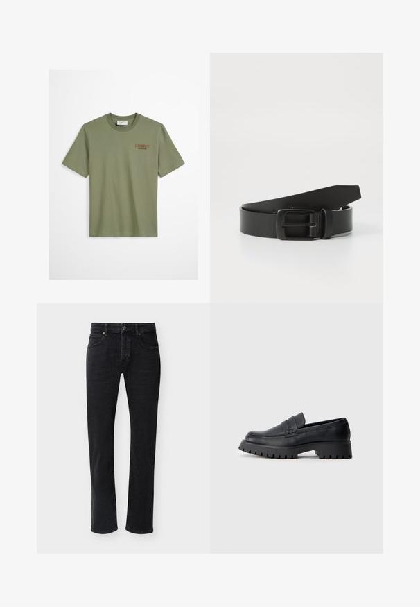 Oliven grøn bomulds t-shirt med korte ærmer, rund hals og "Howdy" broderet i brunt på venstre bryst. Glat tekstur, afslappet pasform.; Sorte jeans med lige ben, forlommer, bæltestropper, knaplukning og synlige syninger på en ensfarvet hvid baggrund.; Sorte læder loafers med en rund tå, prydet med en dekorativ rem og en kraftig gummisål med dybe riller for grip.; Sort læderbælte med spænde i mat sort metal, der har en glat tekstur og enkelt design. Justerbar længde med en tilspidset ende.