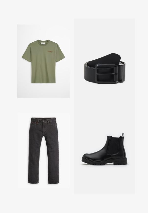 Olijfgroene katoenen t-shirt met korte mouwen, ronde hals en "Howdy" geborduurd in bruin op de linkerkant van de borst. Gladde textuur, casual pasvorm.; Zwarte denim jeans met rechte pijpen, vijf zakken, knoopsluiting en koperen klinknagels, plat gelegd op een witte achtergrond.; Zign by Zalando LEATHER - Lage laarzen - black; Zwarte leren riem met een matte zwarte metalen gesp, met een vlak, glad oppervlak en een taps toelopend einde. Eenvoudig ontwerp zonder versieringen.