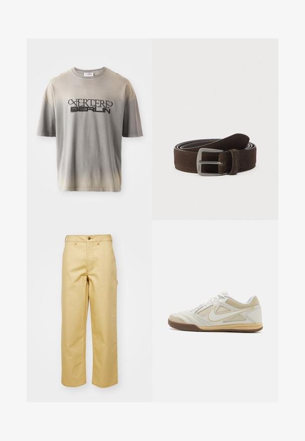 Grau verlaufendes T-Shirt mit kurzen Ärmeln, das einen schwarzen Druck von "VERTERE BERLIN" in einer stilisierten Schriftart aufweist, mit weicher Textur und lockerer Passform.; Beige, weit geschnittene Hose aus Baumwolle mit einem Knopfverschluss vorne, Gürtelschlaufen und Seitentaschen. Glatte Textur mit sichtbaren Nähdetails.; Weißer Sportschuh mit strukturiertem Obermaterial, grauen Akzenten, Schnürdesign und braunem Gummisohle. Verfügt über ein markantes Logo an der Seite.; Brauner Wildledergürtel mit einer silberfarbenen Metallschnalle, doppelter Steppnaht und glatter Oberfläche mit abgerundeter Spitze.
