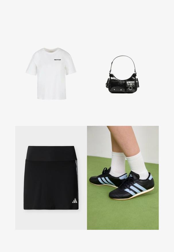 Witte T-shirt met korte mouwen en een ronde hals met zwarte tekst "TAKE IT EASY" op de linker bovenborst.; Zwarte sportieve rok met brede tailleband, subtiele zijstrepen en een klein Adidas-logo op de onderste rechterzoom.; Zwarte leren sportschoenen met lichtblauwe strepen, gemêleerde bovenkant en rubberen zolen, gecombineerd met witte geribde sokken op groene vloer.; Zwarte laarzen in lakleer met een gebogen vorm, één schouderband, voorvakken en accenten in zilverkleurig metaal.