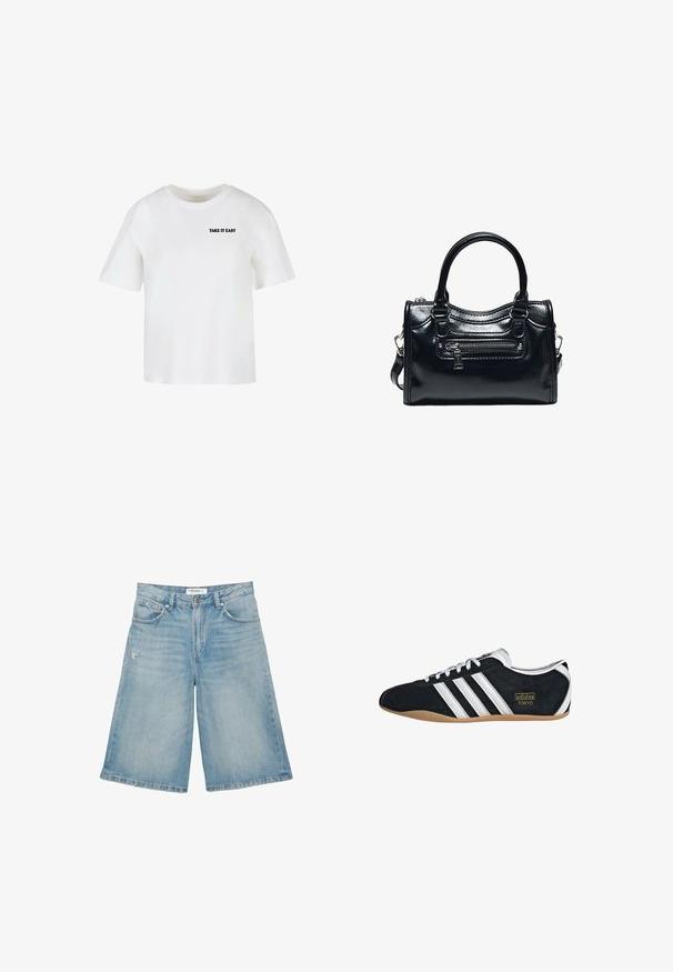 Witte T-shirt met korte mouwen en een ronde hals met zwarte tekst "TAKE IT EASY" op de linker bovenborst.; Lichtblauwe denimshorts met een hoge taille, voorste knoop en rits, twee voorzakken en subtiele gebruikte details op de linker dij.; Zwarte suède sneaker met witte drie strepen, gouden logo en een bruine rubberen zool. Heeft een laag profiel vetersluiting ontwerp.; Zwarte glanzende leren handtas met twee handvatten, voorvak met rits en afneembare schouderriem op witte achtergrond.