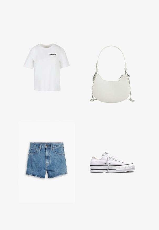Witte T-shirt met korte mouwen en een ronde hals met zwarte tekst "TAKE IT EASY" op de linker bovenborst.; Lichtblauwe denimshorts met vijf zakken, een ritssluiting en een knoopsluiting. De zoom is rafelig en heeft een ontspannen pasvorm.; Witte lage canvas sneaker met witte veters, zwarte strepen op de zool en een rubberen, getextureerde neuskap, zijaanzicht op een witte achtergrond.; Witte synthetische handtas met een gebogen vorm, voorzien van een kettingriem en een minimalistisch ontwerp. Vlotte textuur met zilveren hardware accenten.
