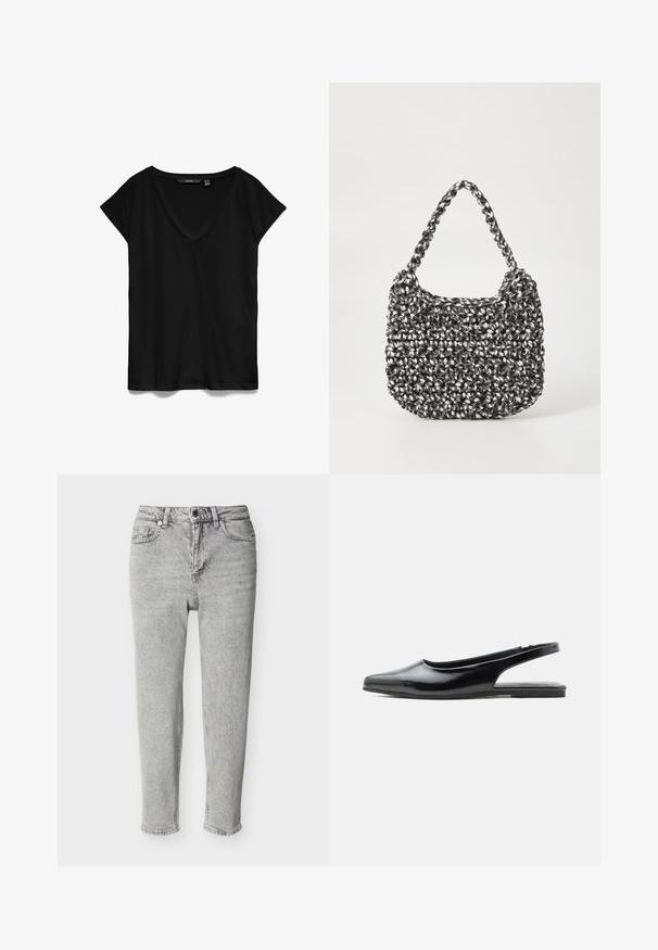 Schwarzes kurzärmliges T-Shirt mit V-Ausschnitt-Design, aus weichem Stoff gefertigt, mit lässiger Passform und glatter, leicht matter Textur.; Hellgraue, hoch taillierte Jeans mit geradem Bein, Frontknopf und Reißverschluss, vorne und hinten Taschen, auf weißem Hintergrund präsentiert.; Schwarzer Slingback-Schuh aus Lackleder mit flachem Absatz, spitzer Zehenpartie und niedrigem Absatz vor weißem Hintergrund.; Gewebte Handtasche in Schwarz und Weiß mit runder Form, strukturiertem Oberflächenfinish und geflochtener Grifffläche. Geeignet für den lässigen Gebrauch.