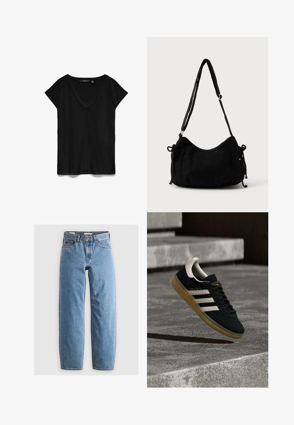 Schwarzes kurzärmliges T-Shirt mit V-Ausschnitt-Design, aus weichem Stoff gefertigt, mit lässiger Passform und glatter, leicht matter Textur.; Helleblaue Denim-Jeans mit geradem Bein, fünf Taschen, einem Reißverschluss und einer subtilen, verwitterten Textur. Klassisches Design mit minimalem Hardwareeinsatz.; Schwarzer Sneaker aus Wildleder mit weißen Streifen und goldenem Logo, ausgestattet mit einer strukturierten Gummisohle in Kaugummifarben und einer kontrastierenden cremefarbenen Fersenschlaufe.; Schwarze Cordtasche mit geschwungener Form, verstellbarem Schultergurt und Kordelzugverschlüssen an beiden Seiten zur Größenanpassung.