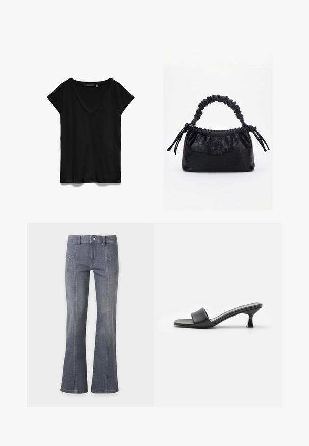Schwarzes kurzärmliges T-Shirt mit V-Ausschnitt-Design, aus weichem Stoff gefertigt, mit lässiger Passform und glatter, leicht matter Textur.; Dunkelgraue Jeanshose mit hohem Bund, Knopfverschluss, vorderen Nähten und leicht ausgestellten Beinen vor einfarbigem Hintergrund.; Schwarze Absatzmules mit einem glatten, matten Lederoberteil, offenem Zeh, breitem Riemen über dem Spann und schlankem, quadratischem Absatz.; Schwarze Handtasche mit Krokodilstruktur, gerafftem oberen Rand, zusammengezogenem Griff und Zugkordeln mit Quasten an jeder Seite vor weißem Hintergrund.